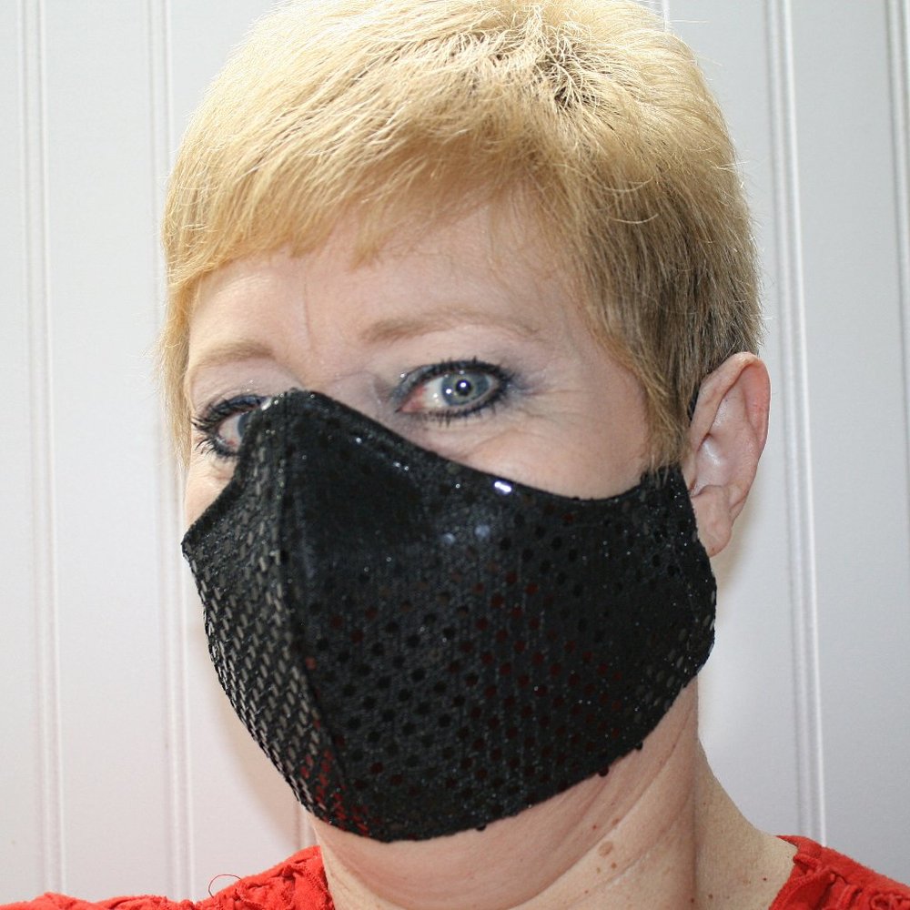 HAND CRAFTED Face Mask Black Confetti Dot Sequin - Adult - Shield Style